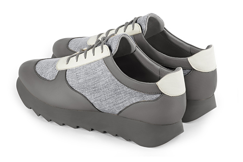 Ash grey and off white women's three-tone elegant sneakers. Round toe. Low rubber soles. Rear view - Florence KOOIJMAN